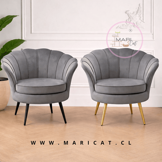 Poltrona Pétalo Felpa Gris con Patas de Metal Doradas o Negras – Diseño Compacto y Elegante