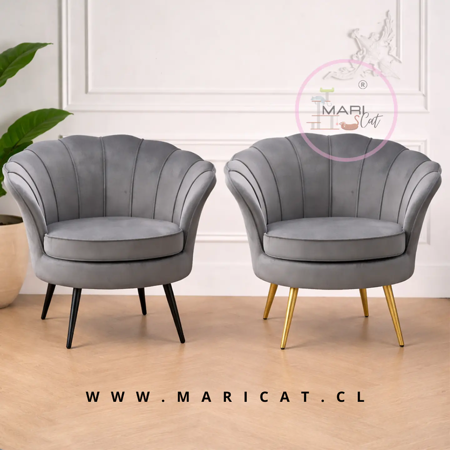 Poltrona Pétalo Felpa Gris con Patas de Metal Doradas o Negras – Diseño Compacto y Elegante 2