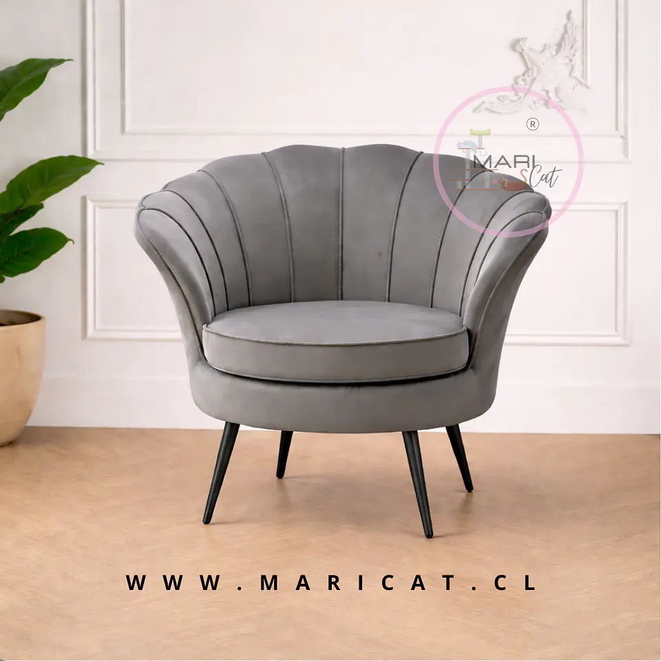 Poltrona Pétalo Felpa Gris con Patas de Metal Doradas o Negras – Diseño Compacto y Elegante 3