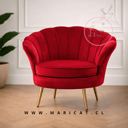 Poltrona Pétalo Felpa Rojo con Patas de Metal Doradas o Negras – Diseño Compacto y Elegante