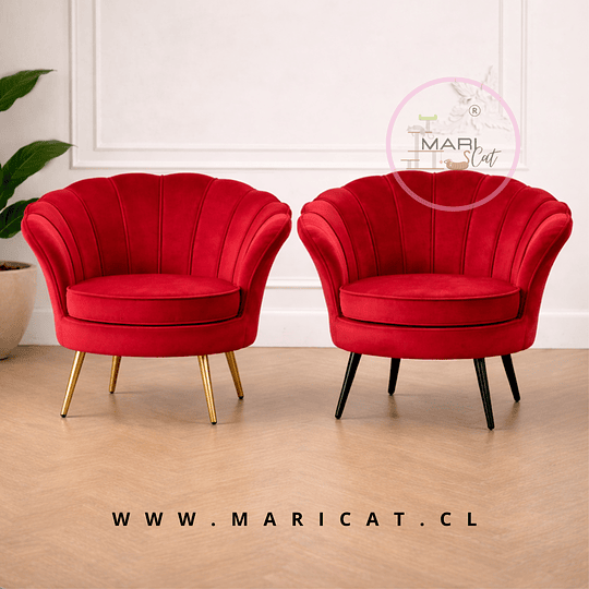 Poltrona Pétalo Felpa Rojo con Patas de Metal Doradas o Negras – Diseño Compacto y Elegante