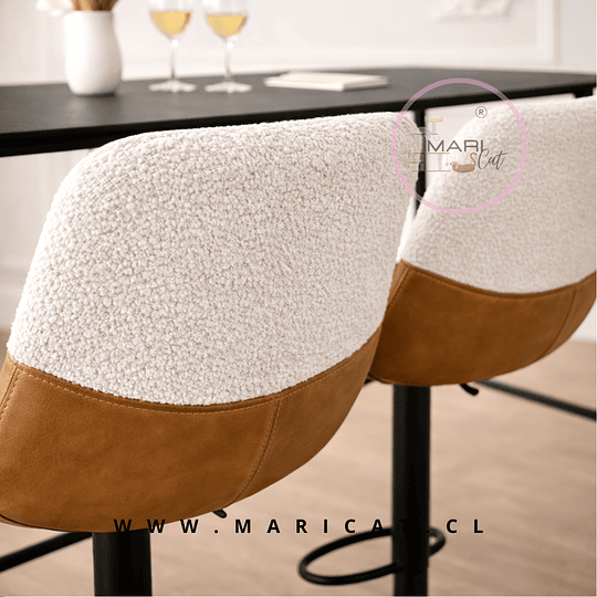 Set 1 Mesa Bar Lyon MDF 120x60x105 cm Negra + 2 Taburetes Mut Ecocuero Café y Bouclé Beige