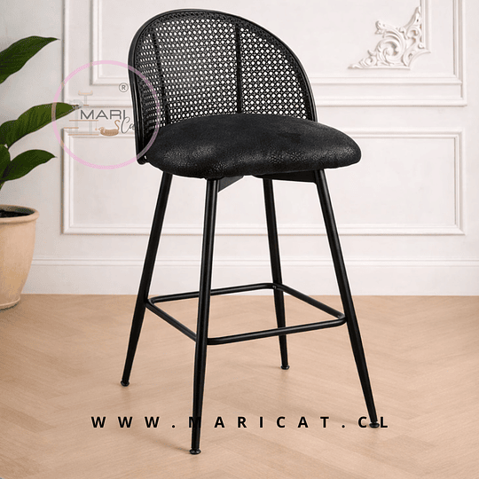 Set 2 Taburete Bar Antique Vintage Gamuza Ratán Giratorio 360°  Negro