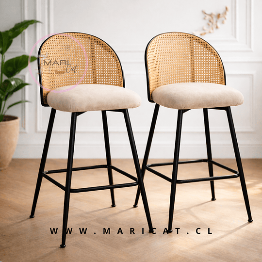 Set 2 Taburete Bar Antique Vintage Gamuza Ratán Giratorio 360°  Beige