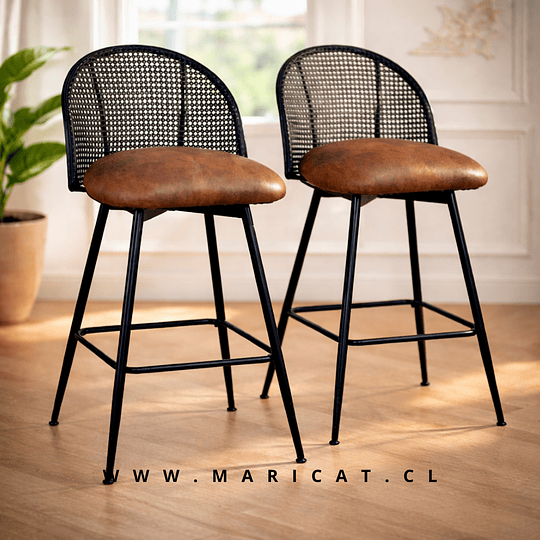 Set 2 Taburete Bar Antique Vintage Gamuza Ratán Giratorio 360°  Marron