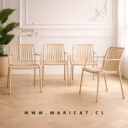 Set 4 Silla Butaca France de Polipropileno Beige con Apoyabrazos – Apilable, Resistente y Diseño Moderno