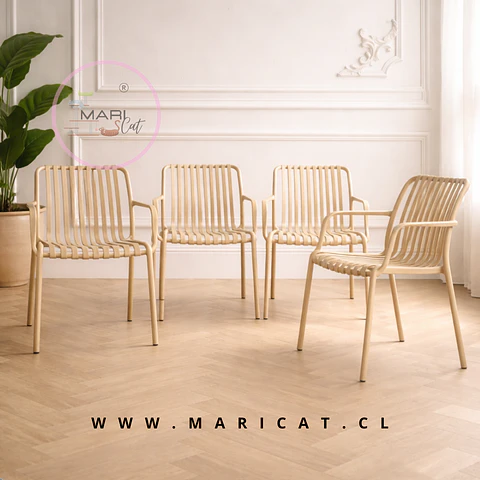 Set 4 Silla Butaca France de Polipropileno Beige con Apoyabrazos – Apilable, Resistente y Diseño Moderno