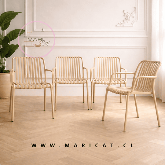 Set 4 Silla Butaca France de Polipropileno Beige con Apoyabrazos – Apilable, Resistente y Diseño Moderno