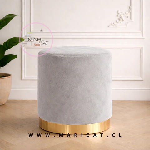 Puff Velvet Felpa Gris con Base Dorada – Decorativo