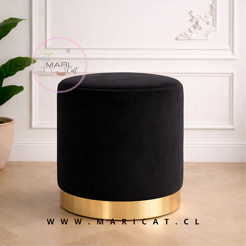 Puff Velvet Felpa Negro con Base Dorada – Decorativo