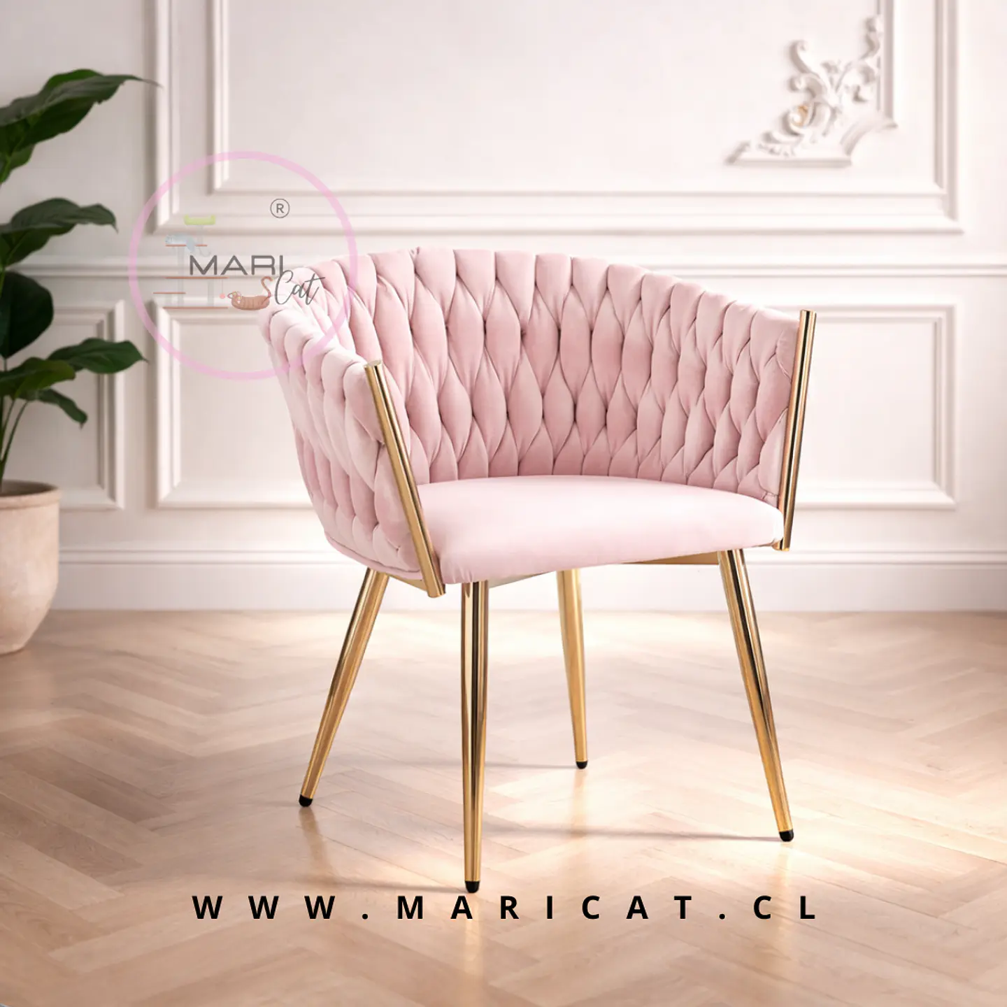 Sitial Queen Velvet Trenzado Gold Felpa Rosa con Patas de Metal 1