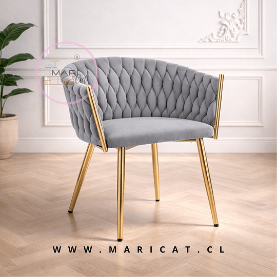 Sitial Queen Velvet Trenzado Gold Felpa Gris con Patas de Metal Dorado – Diseño Decorativo y Elegante