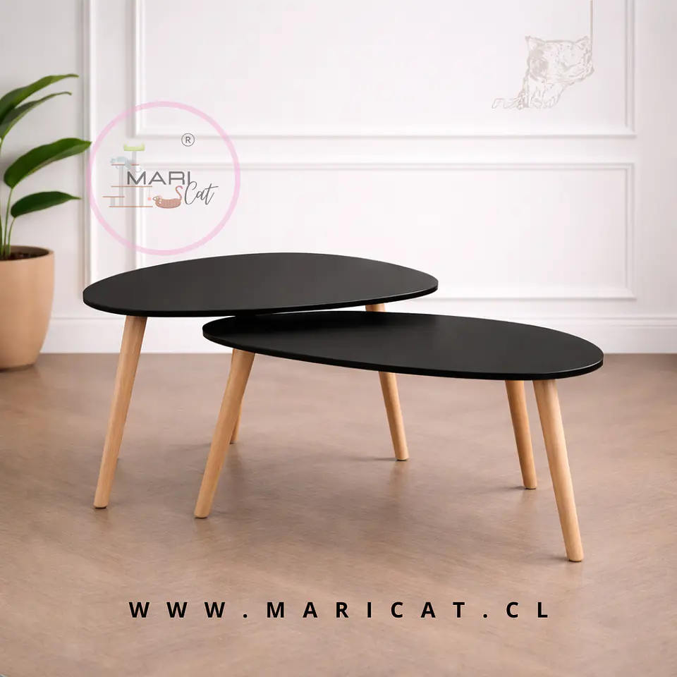 Set 2 Mesas de Centro Anidadas Triangulares Nordic MDF con Patas Haya Alemana – Mesa Living Moderna Negra 1