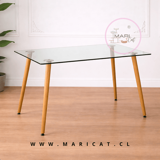 Mesa Rectangular Francia con Cubierta de Vidrio y Patas Metálicas Terminación Madera 160x80 