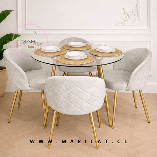 Mesa Redonda Vidrio Lyon Metal Gold + Silla Velvet tokio Gold