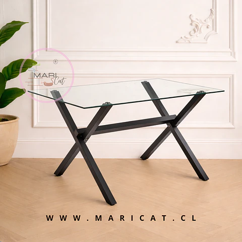Mesa Rectangular Chile Crossback Madrid con Cubierta de Vidrio y Patas de Metal Color Negro comedor