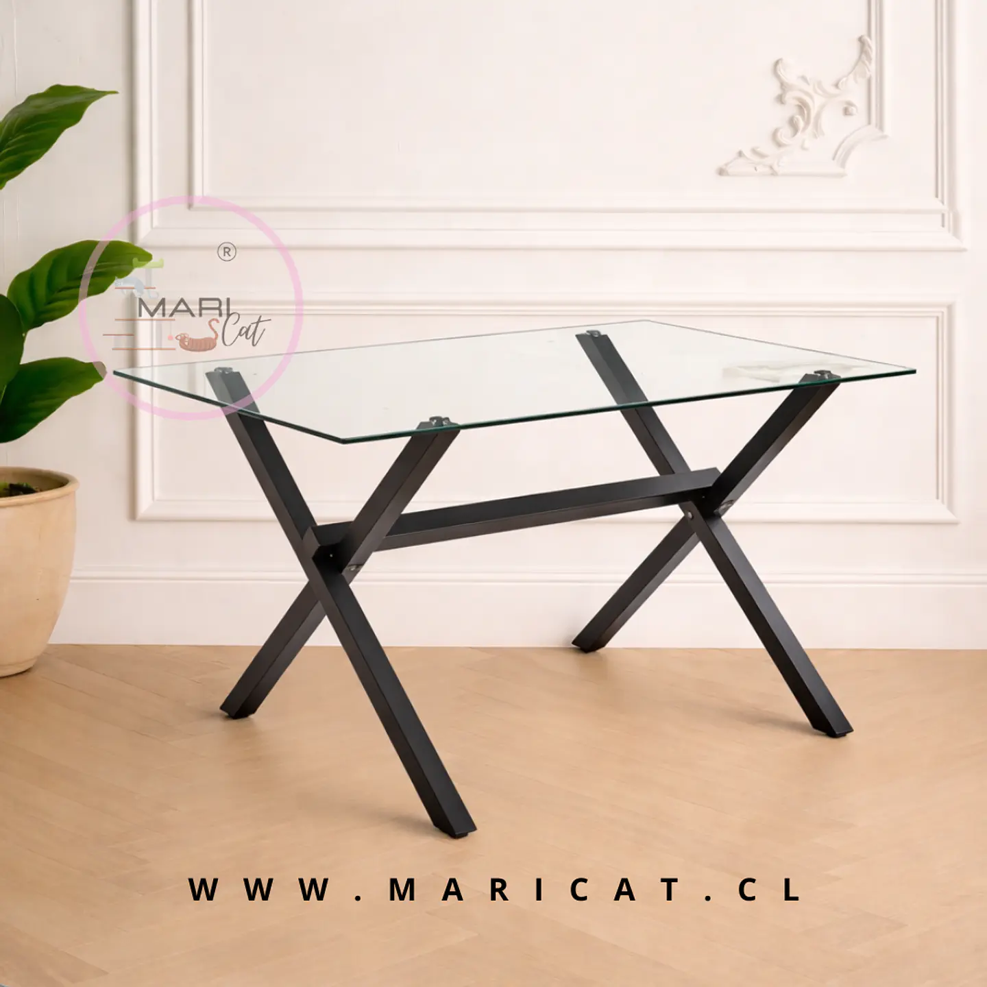 Mesa Rectangular Chile Crossback Madrid con Cubierta de Vidrio y Patas de Metal Color Negro comedor 1