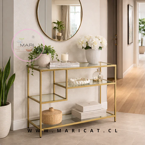 Arrimo Recibidor Vidrio y Metal Dorado Tierp – Living o Pasillo