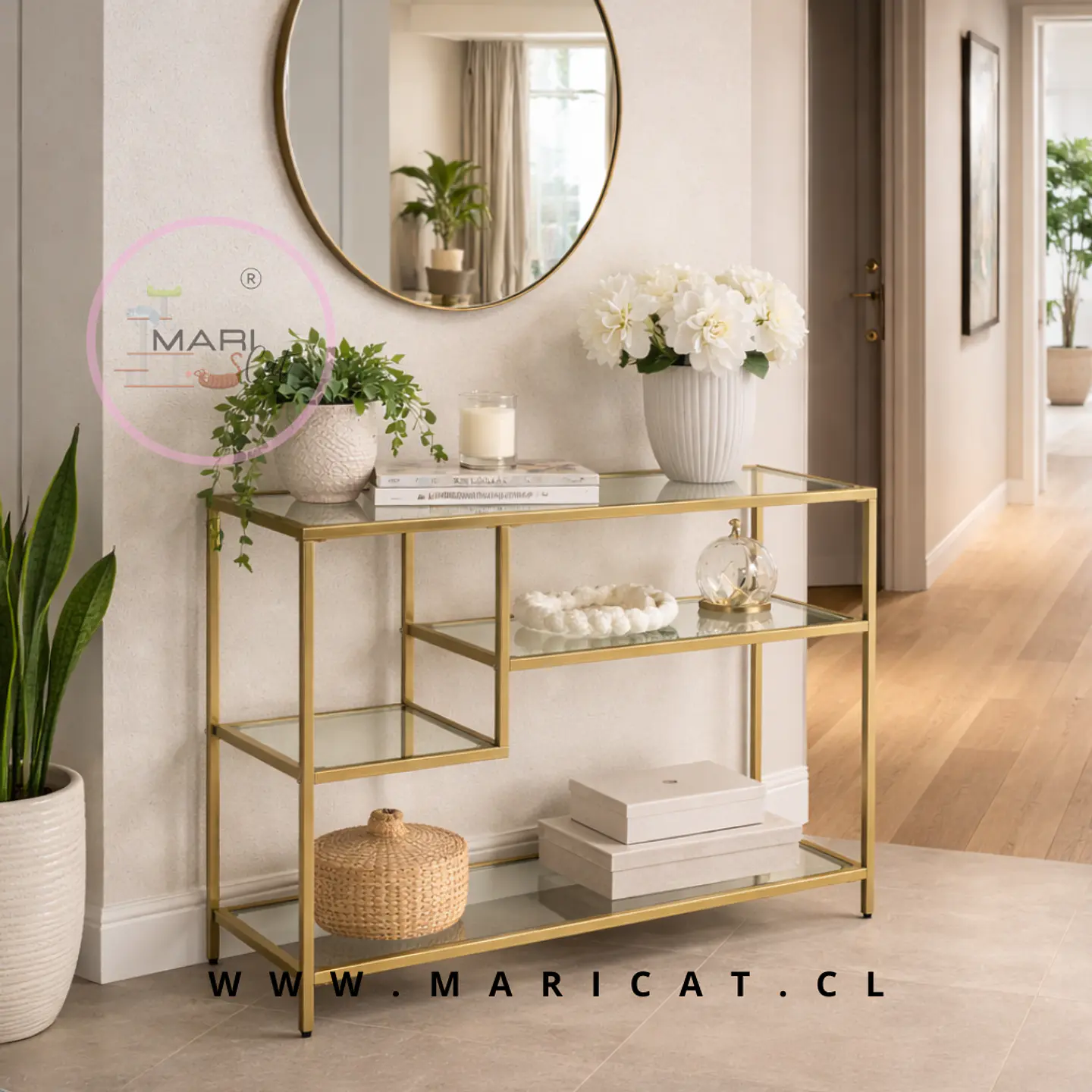 Arrimo Recibidor Vidrio y Metal Dorado Tierp – Living o Pasillo 2