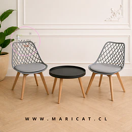 Set Mesa Lateral Eames Negro 50 cm + Sillas Tulip Mesh Gris – terraza u oficinas