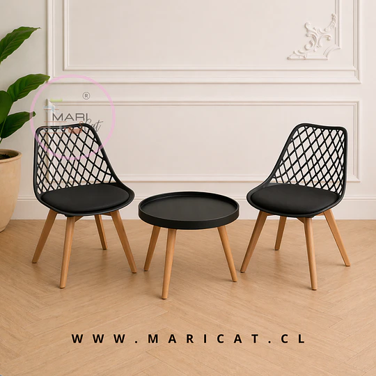 Set Mesa Lateral Eames Negro 50 cm + Sillas Tulip Mesh Negro– terraza u oficinas