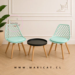 Set Mesa Lateral Eames Negro 50 cm + Sillas Tulip Mesh Menta– terraza u oficinas