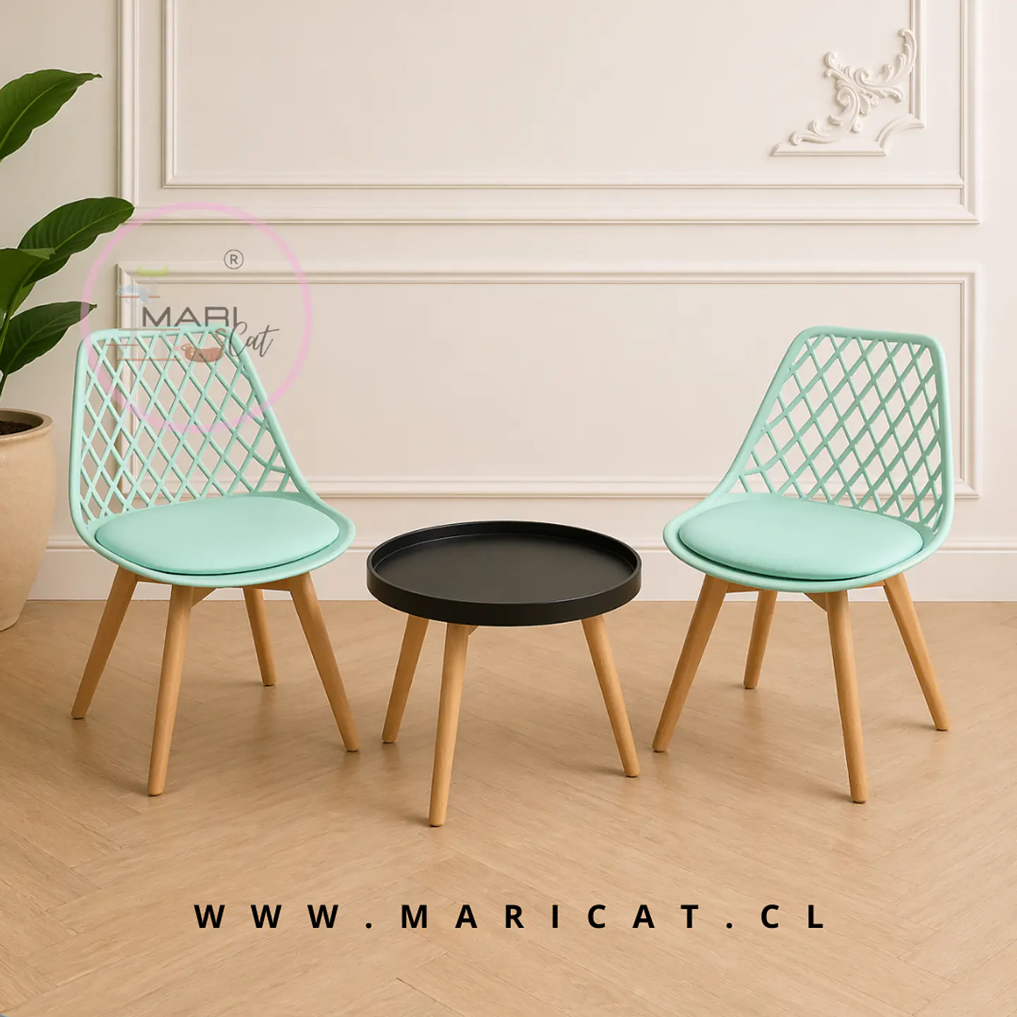 Set Mesa Lateral Eames Negro 50 Cm + Sillas Tulip Mesh Menta 1