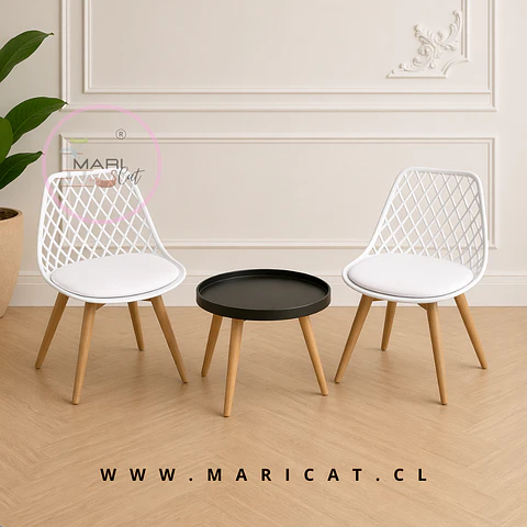 Set Mesa Lateral Eames Negro 50 Cm + Sillas Tulip Mesh Blanc