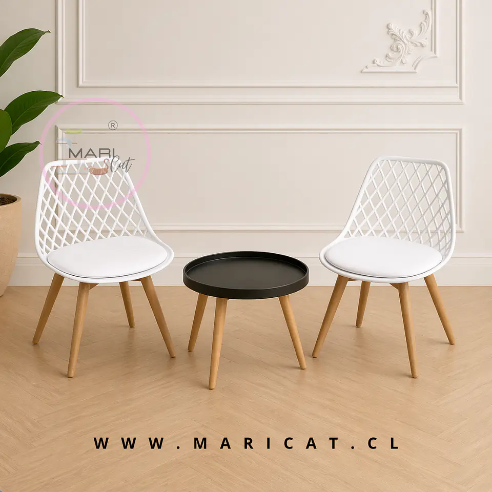 Set Mesa Lateral Eames Negro 50 Cm + Sillas Tulip Mesh Blanc 1