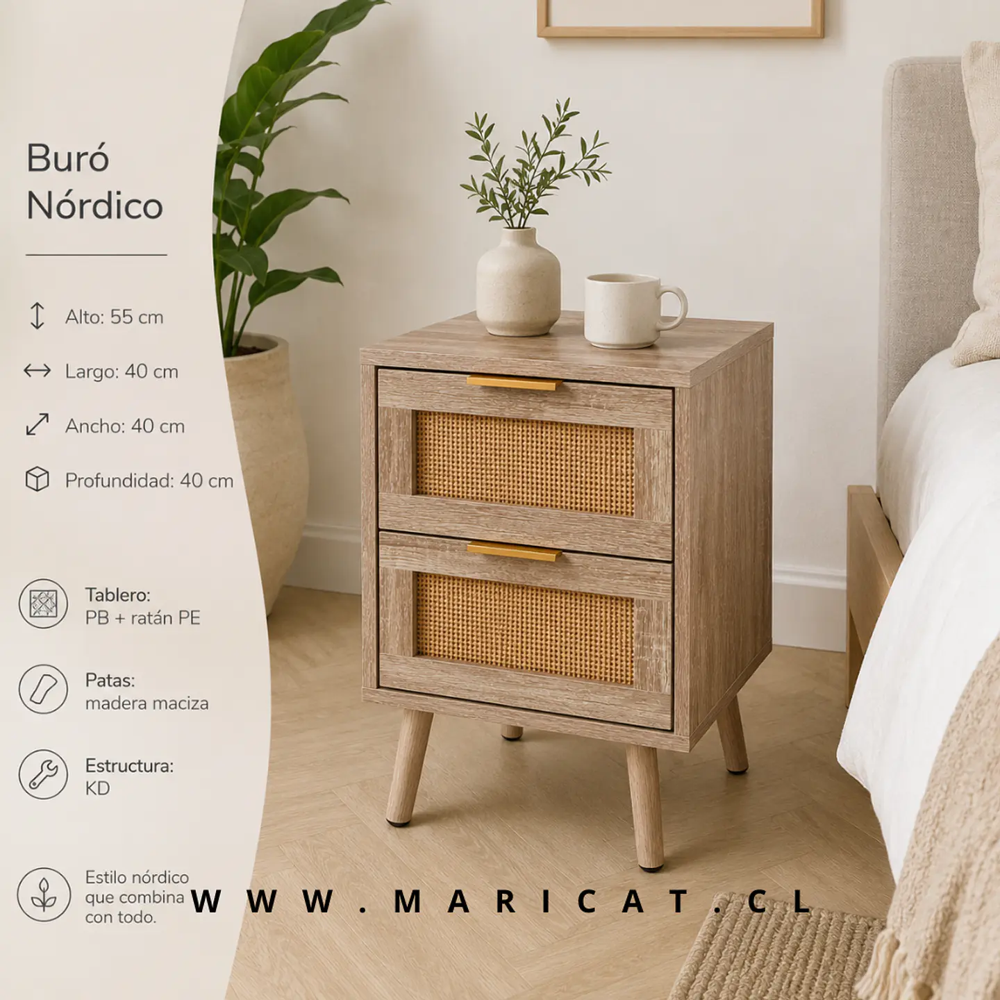 Velador 2 Cajones MDF Mesh – Estilo Moderno 2