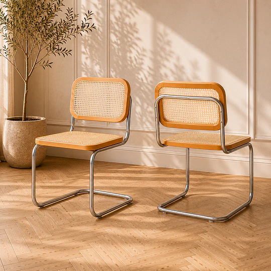 Set de 2 Silla Breuer de Ratán Natural y Madera Maciza con Estructura Cromada – Diseño Icónico para Comedor y Living