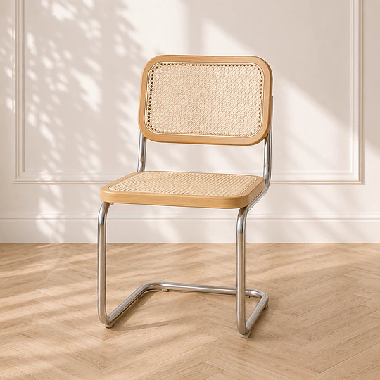 Set de 2 Silla Breuer de Ratán Natural y Madera Maciza con Estructura Cromada – Diseño Icónico para Comedor y Living