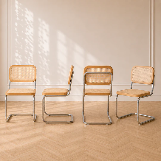 Set de 4 Silla Breuer de Ratán Natural y Madera Maciza con Estructura Cromada – Diseño Icónico para Comedor y Living