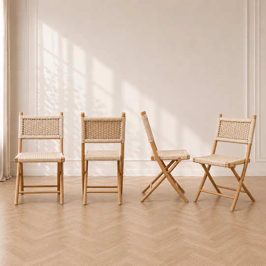 Pack 4 Silla Nido Plegable de Madera Natural tejida Comedor Terraza Eventos