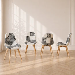 Pack 4 Silla Patchwork Blanco Negro Tela Madera Comedor