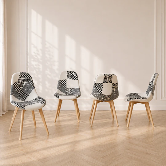 Pack 4 Silla Patchwork Blanco Negro Tela Madera Comedor