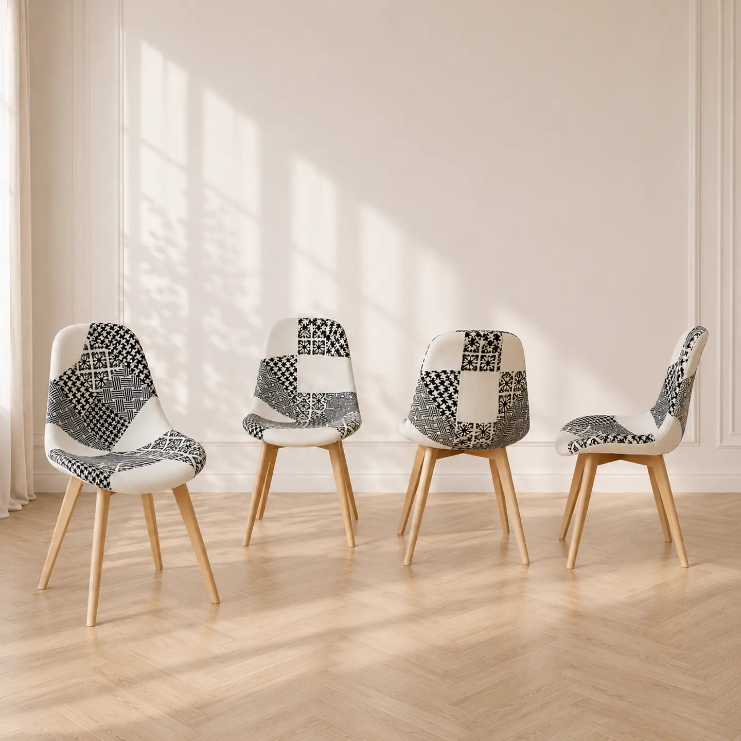 Pack 4 Silla Patchwork Tela Blanco Negro con Patas de Madera  1