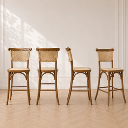 Pack 4 Taburete Bar Crossback Yute Ratán Madera Walnut Cafetería Restaurante evento