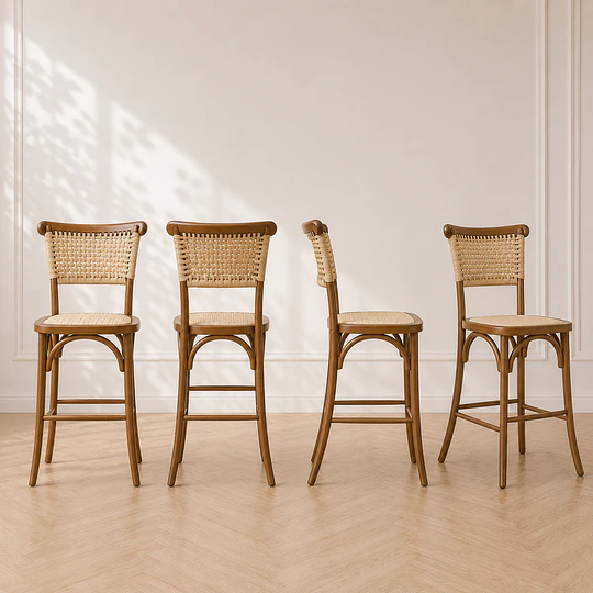 Pack 4 Taburete Bar Crossback Yute Ratán Madera Walnut Cafetería Restaurante evento