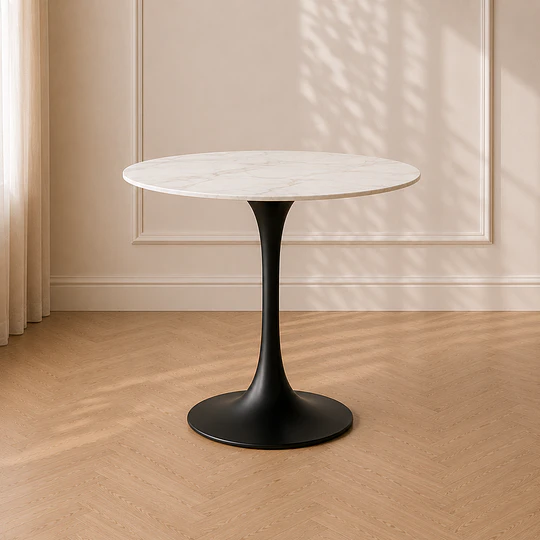 Mesa Tulip Gold Cuarzo Carlatta Blanco Estilo Mármol con Base de Metal Black– Mesa de Comedor Moderna