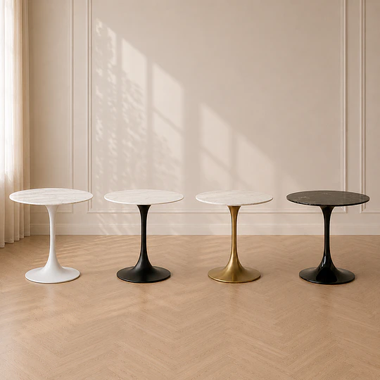 Mesa Tulip Gold Cuarzo Carlatta Blanco Estilo Mármol con Base de Metal Black– Mesa de Comedor Moderna