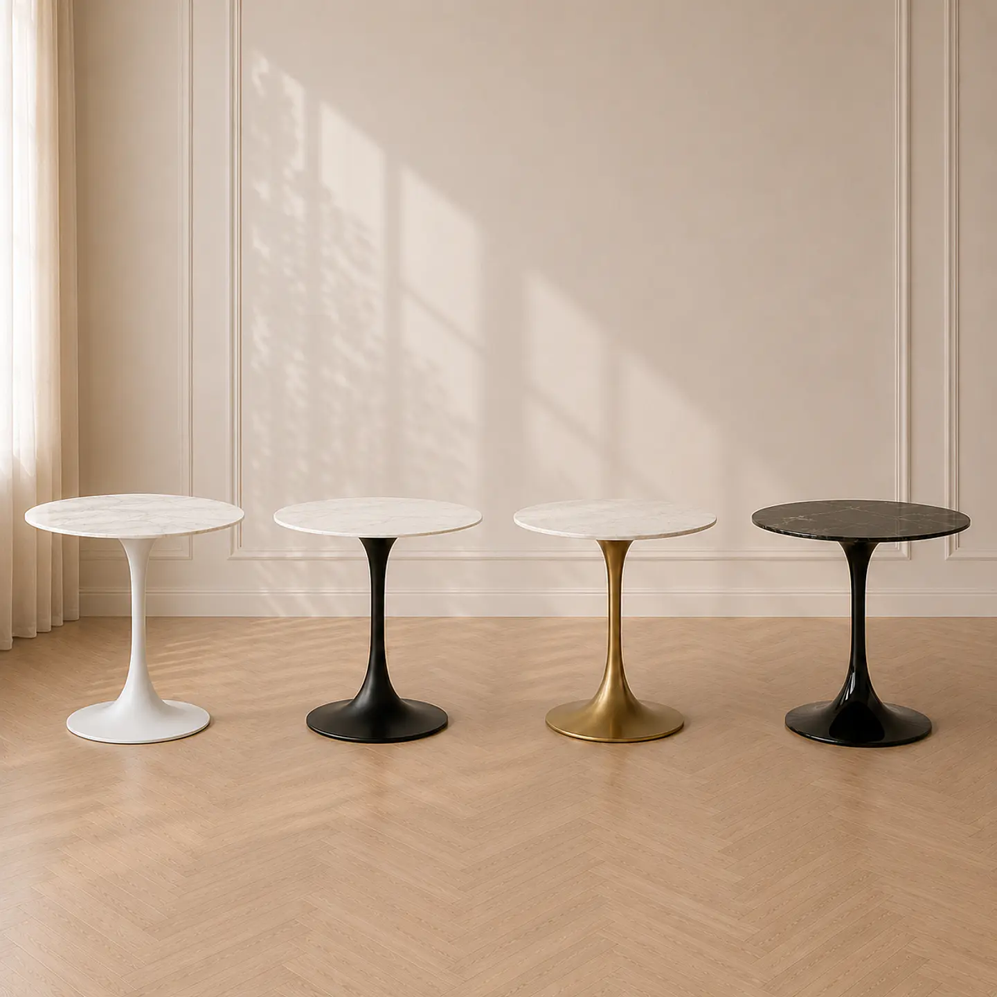 Mesa Tulip Redonda Gold Cuarzo Carlatta Blanco Estilo Mármol con Base de Metal Black– Mesa de Comedor Moderna 3