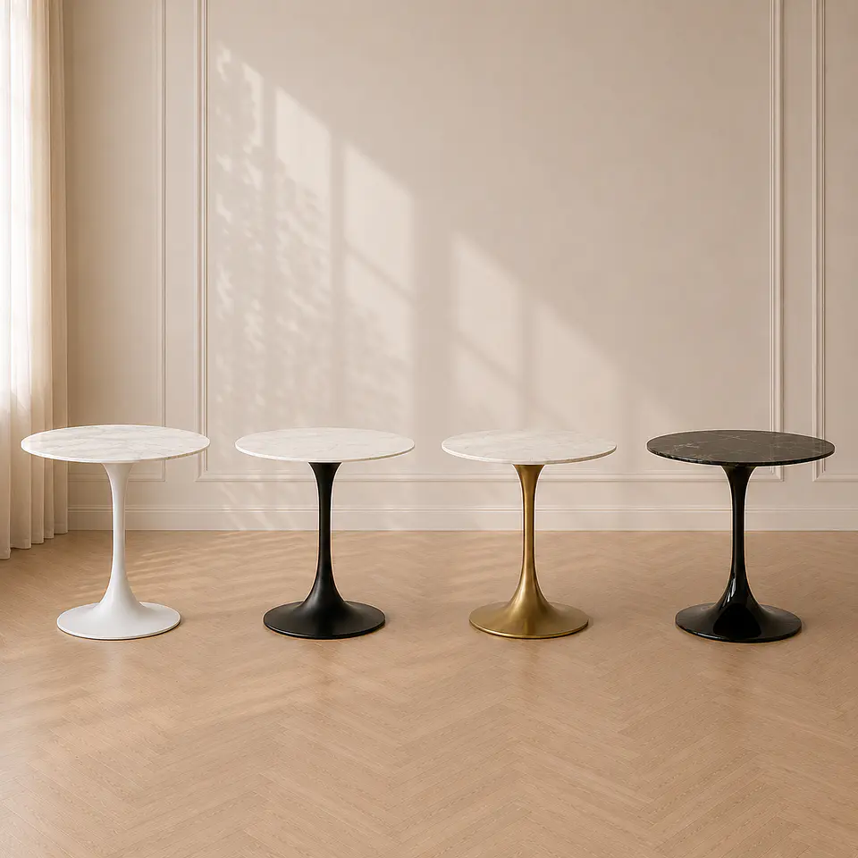 Mesa Tulip Redonda Gold Cuarzo Carlatta Blanco Estilo Mármol con Base de Metal Black– Mesa de Comedor Moderna 3