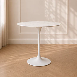 Mesa Tulip Gold Cuarzo Carlatta Blanco Estilo Mármol con Base de Metal Blanco– Mesa de Comedor Moderna