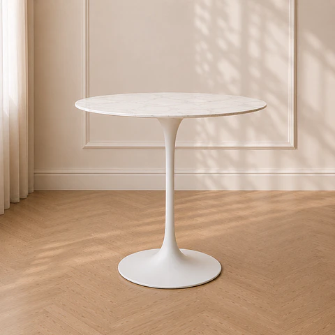 Mesa Tulip Redonda Gold Cuarzo Carlatta Blanco Estilo Mármol con Base de Metal Blanco– Mesa de Comedor Moderna