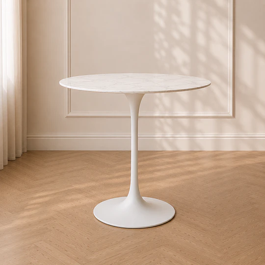 Mesa Tulip Gold Cuarzo Carlatta Blanco Estilo Mármol con Base de Metal Blanco– Mesa de Comedor Moderna
