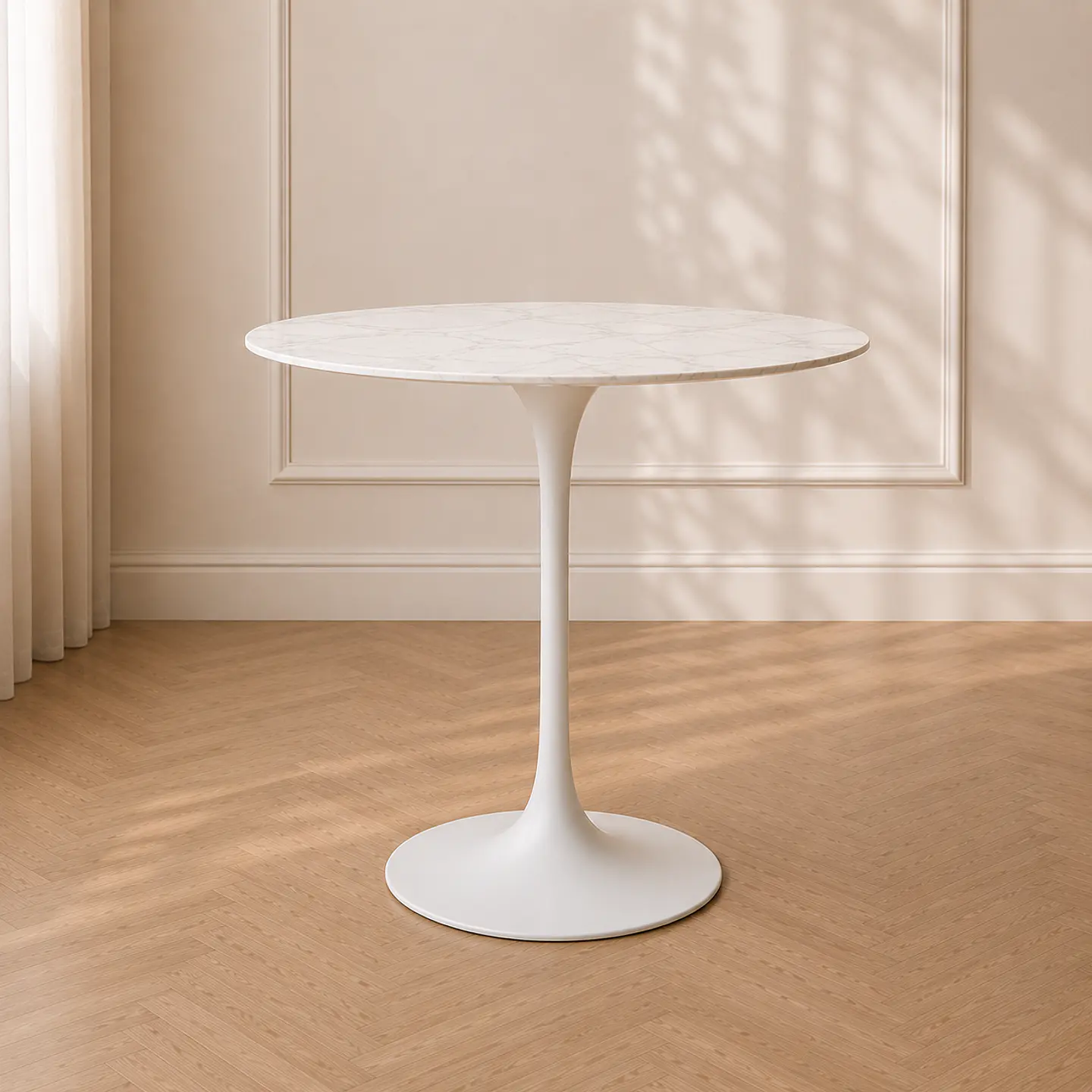 Mesa Tulip Redonda Gold Cuarzo Carlatta Blanco Estilo Mármol con Base de Metal Blanco– Mesa de Comedor Moderna 1