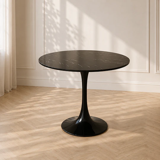 Mesa Tulip Gold Cuarzo Carlatta Negro Estilo Mármol con Base de Metal Negro – Mesa de Comedor Moderna