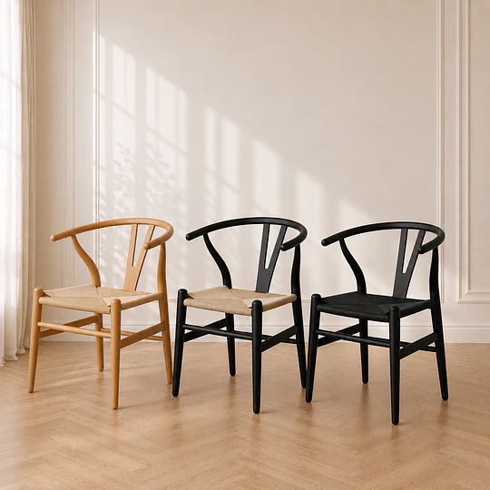 Silla Wishbone Negra Madera Natural Tejido Negro Comedor Cafetería
