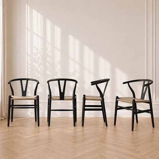 Silla Wishbone Negra Madera Natural Tejido natural Comedor Cafetería